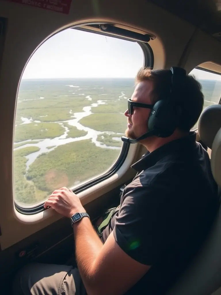 A dynamic shot of a male travel influencer piloting a small bush plane over the Okavango Delta in Botswana, showcasing his adventurous spirit and expertise in remote travel destinations.