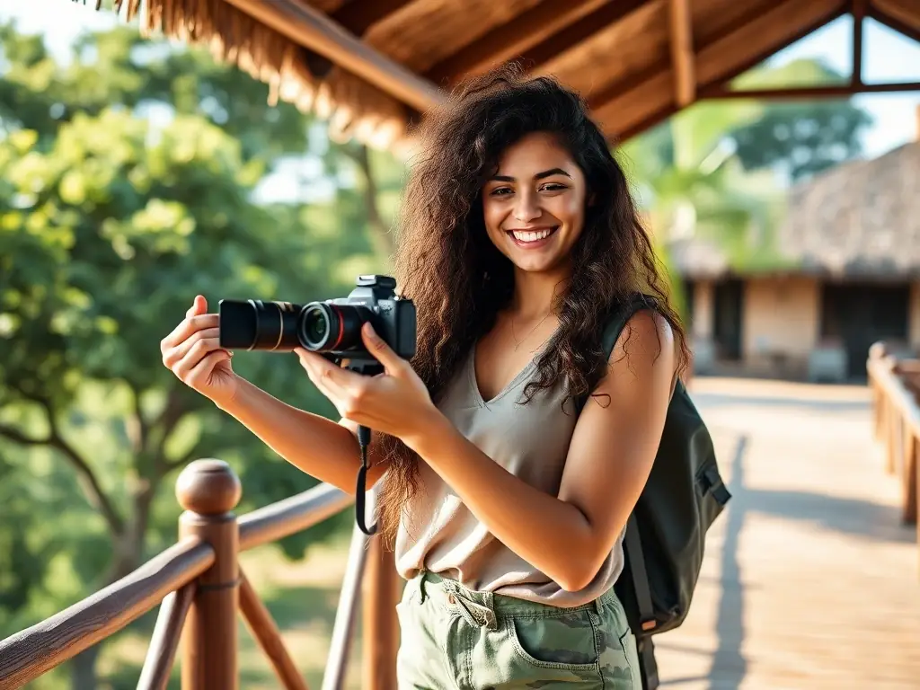 A vibrant image of a travel influencer creating content at a luxury safari lodge, capturing the essence of a successful collaboration.