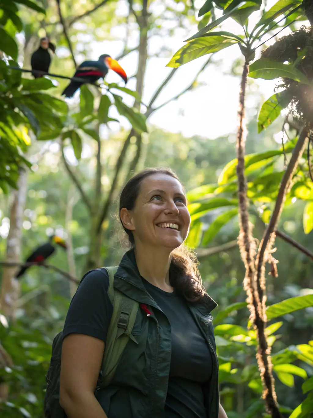 A professional headshot of a female travel influencer with a warm smile, wearing safari attire, standing in front of a luxury safari lodge in South Africa, showcasing her approachable and adventurous personality.