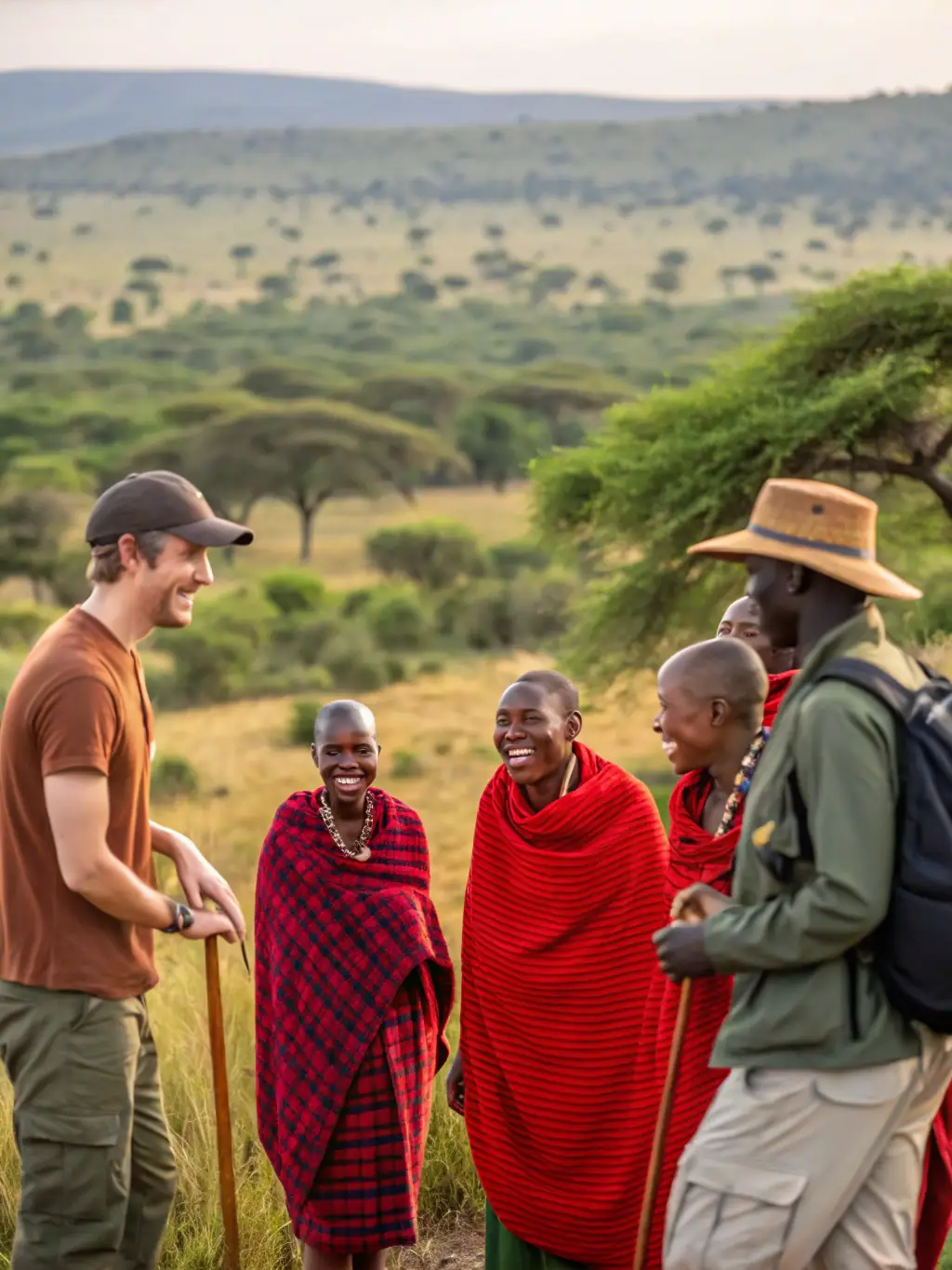 A stunning portrait of a female travel influencer with braided hair, wearing traditional African jewelry, interacting with local Maasai people in Kenya, highlighting her cultural sensitivity and connection.